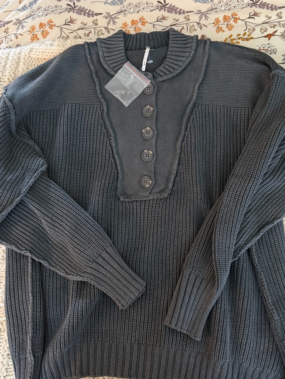 Free People Charcoal Crewneck Button-Front Knit Sweater